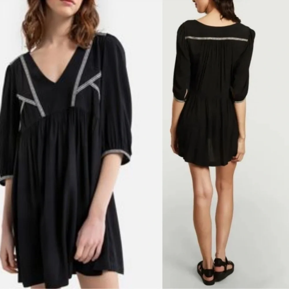 Ba&Sh Dress Alma Boho Embroidered V- Neck Mini Black S